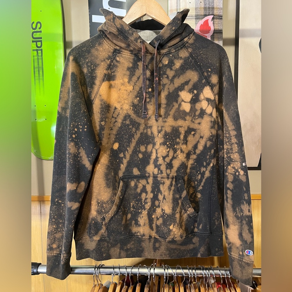 Women’s champion custom reverse tie-dye, with Rose gold decal on sleeve.